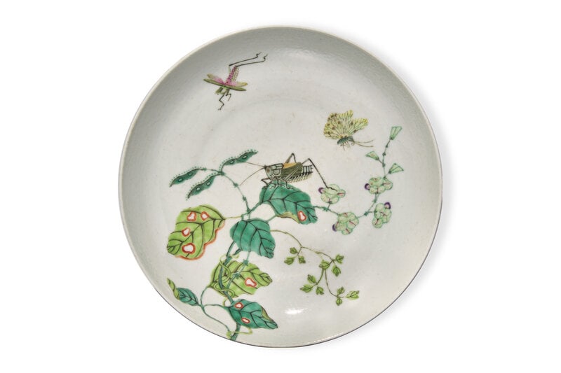 A Chinese Famille Rose Decorated "Cricket and Butterflies" Dish, Qing Dynasty (1 of 2)