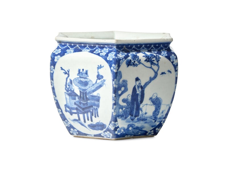 A Chinese Blue and White Jardinière, late 19th Century : A Chinese Blue and White Jardinière, late 19th Century Decorated with lotus petal reserves of figural and floral and bird reserves. Height 7 in., 17.8 cm. This lo