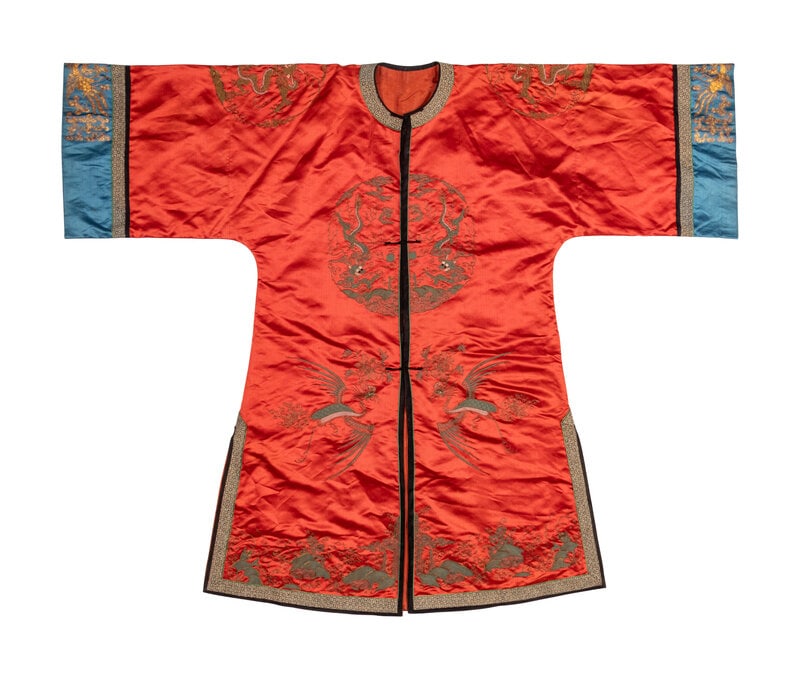 A Chinese Orange Ground Embroidered Silk Dragon Robe, Changfu: A Chinese Orange Ground Embroidered Silk Dragon Robe, Changfu Late Qing/Republic Period Height 39 in., 99.1 cm. Property from the University of Arizona Museum of Art, sold to