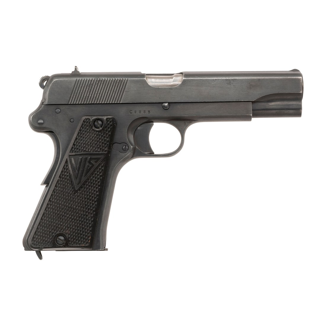 **Fine 3-Lever Slotted For Stock Late C-Block WWII German Marked wz. FB Viz Radom P.35(p) Pistol: **Fine 3-Lever Slotted For Stock Late C-Block WWII German Marked wz. FB Viz Radom P.35(p) Pistol World War II 9mm Para. 4.7" barrel length. SN: C9885. Blued metal finish overall with polished barrel m