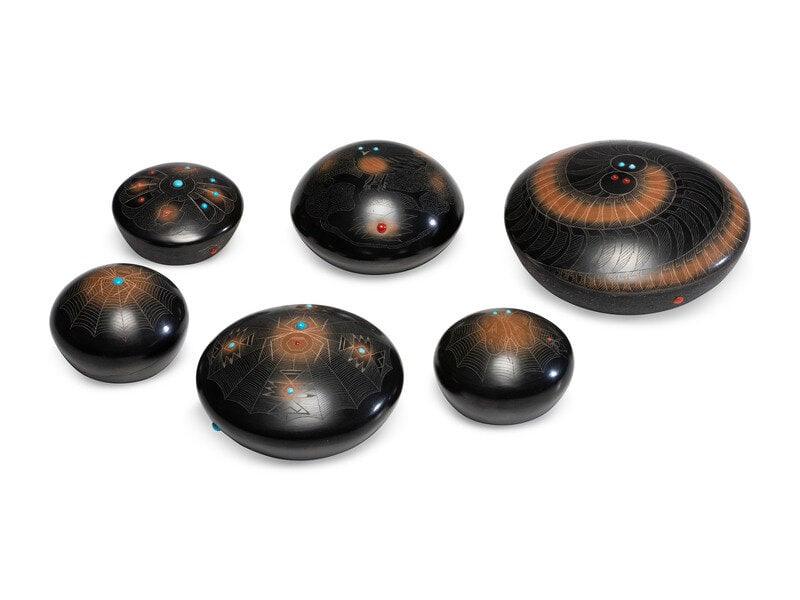 Barbara Gonzales (San Ildefonso, b. 1947) Black and Sienna Sgraffito Pottery Seed Jars: Barbara Gonzales (San Ildefonso, b. 1947) Black and Sienna Sgraffito Pottery Seed Jars lot of 6, each having coral and turquoise inset beads largest diameter 6 inches This lot is l