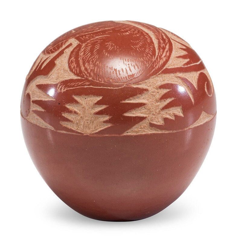Grace Medicine Flower (Santa Clara, b. 1938) Redware Sgraffito Pottery Seed Jar : Grace Medicine Flower (Santa Clara, b. 1938) Redware Sgraffito Pottery Seed Jar signed on base height 1-1/4 inches x diameter 1 inch This lot is located in Cincinnati.