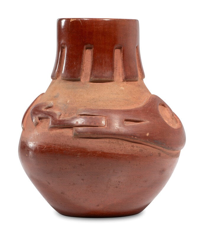 Santa Clara Redware Pottery Vase, with Avanyu: Santa Clara Redware Pottery Vase, with Avanyu mid-20th century unsigned height 6-1/4 inches x diameter 5-1/4 inches Property from the Estate of Shirley Mann, Chicago, Illin