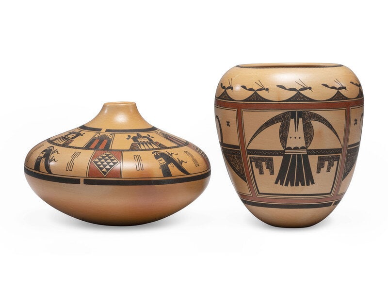 Gloria Mahle (Hopi, 20th century) Pottery Jars, with Katsinas and Eagles: Gloria Mahle (Hopi, 20th century) Pottery Jars, with Katsinas and Eagles lot of 2, includes: one decorated with corn maidens and Long Haired katsina, height 6 inches x diameter 9 inches another with e