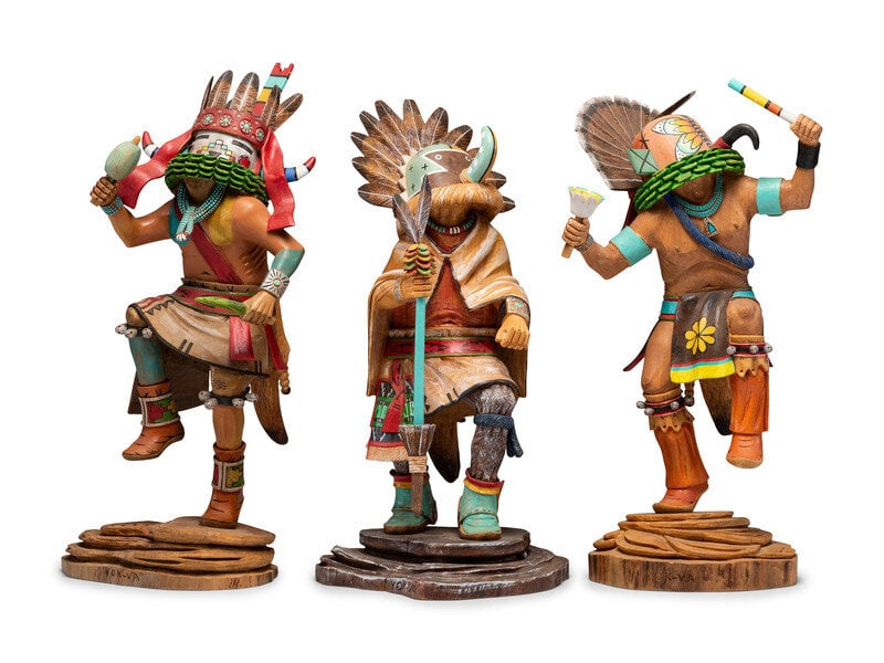 David Roy (Hopi, b. 1965) Katsinas, Gambler Corn, Green God, and Supai: David Roy (Hopi, b. 1965) Katsinas, Gambler Corn, Green God, and Supai lot of 3, all signed and titled on base height 14 inches, 15-1/4 inches, and 14 inches This lot is l