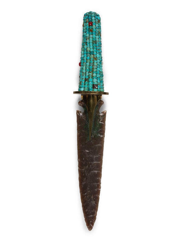 Charlie Pratt, Attributed
(Cheyenne-Arapaho, 1937-2017)
Knife River Flint Knife with Turquoise Corn  (1 of 2)