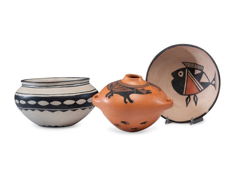 Kewa and Cochiti Pottery: Kewa and Cochiti Pottery second half 20th century lot of 3, includes: a redware canteen with painted bear motif around neck; signed by Mark Wayne Garcia (Kewa, act. since 1990s), height 5-1/2 i