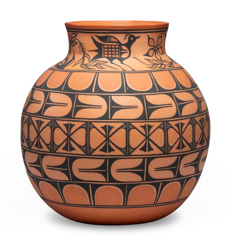 Thomas Tenorio (Kewa, b. 1963) Polychrome Redware Pottery Storage Jar, 1998: Thomas Tenorio (Kewa, b. 1963) Polychrome Redware Pottery Storage Jar, 1998 designed with geometrics and feathered elements around body; birds and flowers decorate neck; signed and dated on base heigh