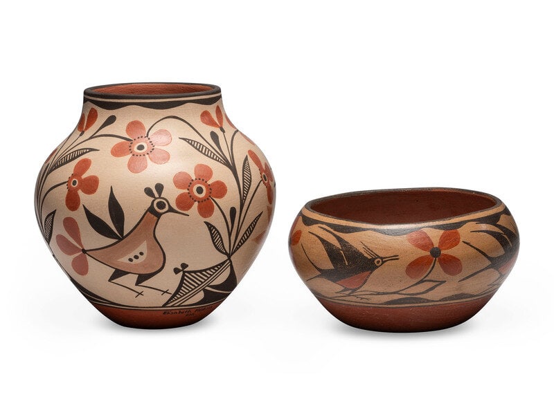 Elizabeth Medina (Zia, b. 1956) Pottery Jar, PLUS: Elizabeth Medina (Zia, b. 1956) Pottery Jar, PLUS lot of 2, includes: a jar with Zia birds and flowers; signed near base, height 8-3/4 inches x diameter 8-3/4 inches an unsigned bowl with humming bird