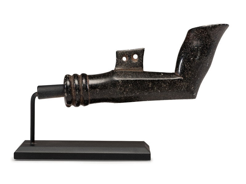 Great Lakes Steatite Elbow Pipe : Great Lakes Steatite Elbow Pipe 19th century elegant bevel at bowl; crest pierced through length 5 inches x height of bowl 2-1/4 inches This lot is located in Cinci