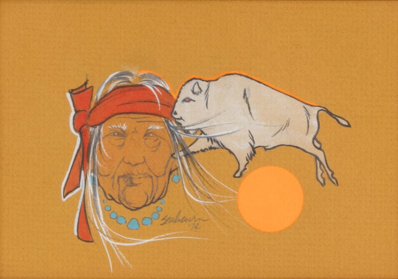 Bert Seabourn (American, 1931-2022) Buffalo Vision , 1974: Bert Seabourn (American, 1931-2022) Buffalo Vision , 1974 mixed media on paper signed and dated in pencil below chin (sight) 4-3/8 x 6- 3/4 inches; (framed) 11 x 13 inches Pr