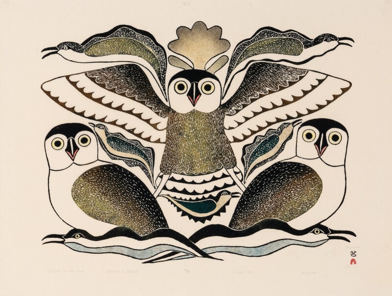 Kenojuak Ashevak (Kinngait, 1927-2013) Tribute to Owl, 1984: Kenojuak Ashevak (Kinngait, 1927-2013) Tribute to Owl, 1984 stonecut and stencil titled, signed, dated, and editioned 46/50 along lower margin (sight) 24 x 31 1/4 inches; (framed) 34 x 40 inches </