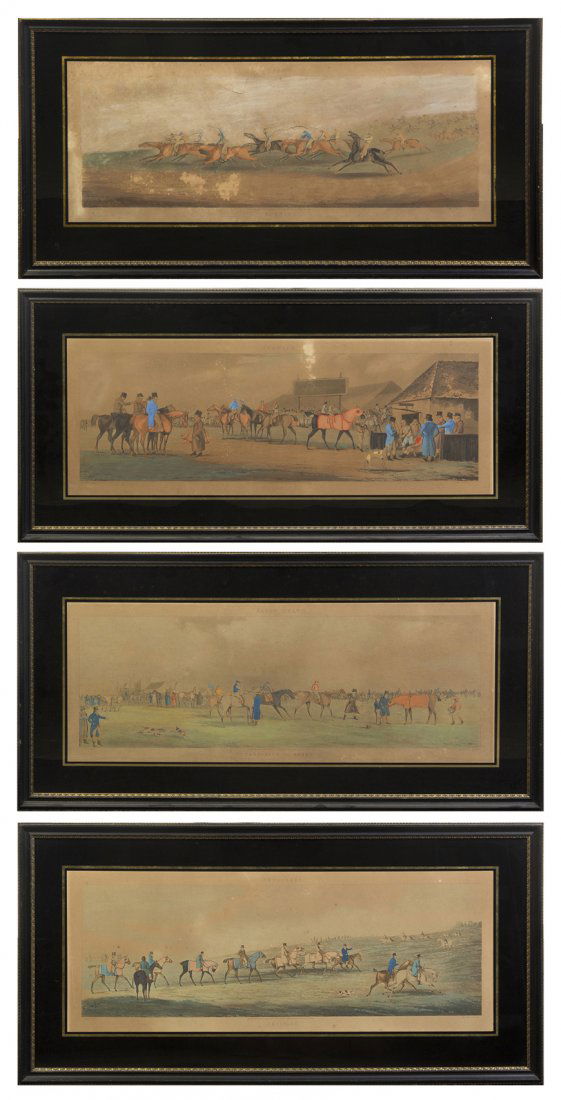 A Group of Four English Hunting Prints, after Henry: A Group of Four English Hunting Prints, after Henry Thomas Aiken, engraved by Sutherland, titled Weighing, Preparing to Start, Training and Running, matted and framed uniformly. Height 10 1/4 x width