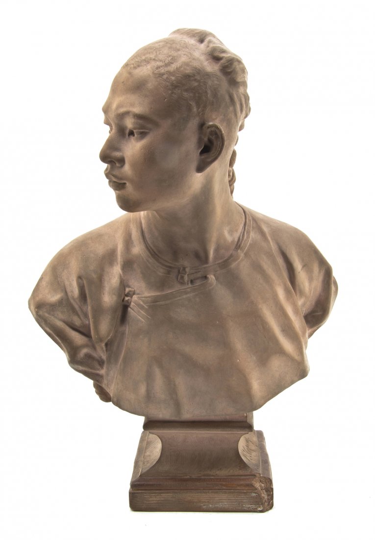 A French Terracottta Bust, Jean-Baptiste Carpeaux : A French Terracottta Bust, Jean-Baptiste Carpeaux (1827-1875), Le Chinois No. 2, depicting the bust of a Chinese man atop a square socle, signed JB T. Carpeaux, stamped Propriete Carpeaux and Atelier-