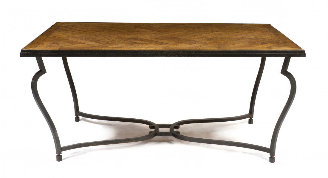 A French Parquetry and Steel Dining Table, Height: A French Parquetry and Steel Dining Table, having a rectangular top raised on shaped legs joined by stretchers. Height 28 7/8 x width 63 x depth 39 1/2 inches.