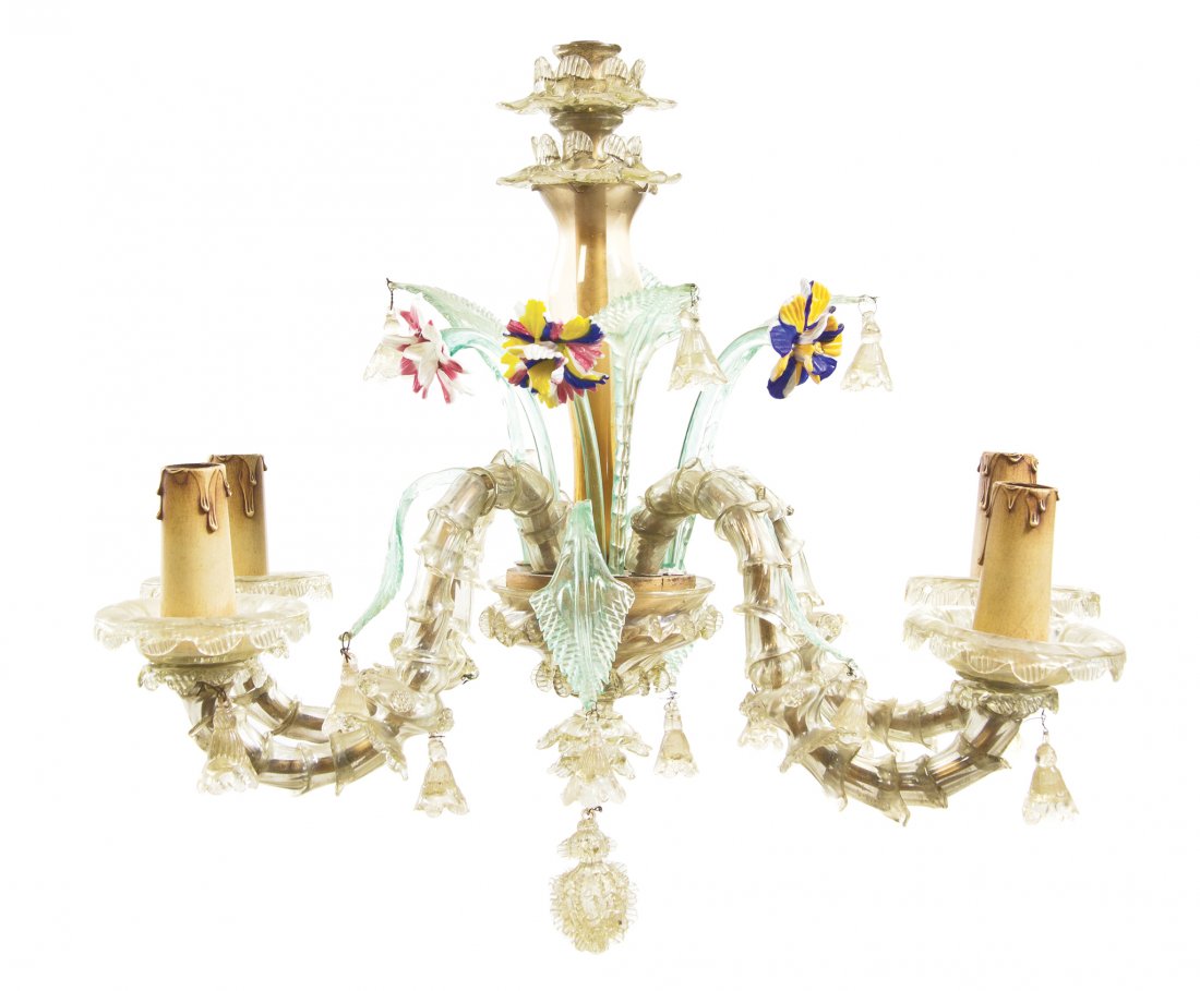 A Suite of Venetian Glass Lighting, Height of firs: A Suite of Venetian Glass Lighting, comprising a four-light chandelier and a set of four two-light sconces, each with polychrome floriform decorations and twist arms. Height of first 22 1/2 inches. Pr