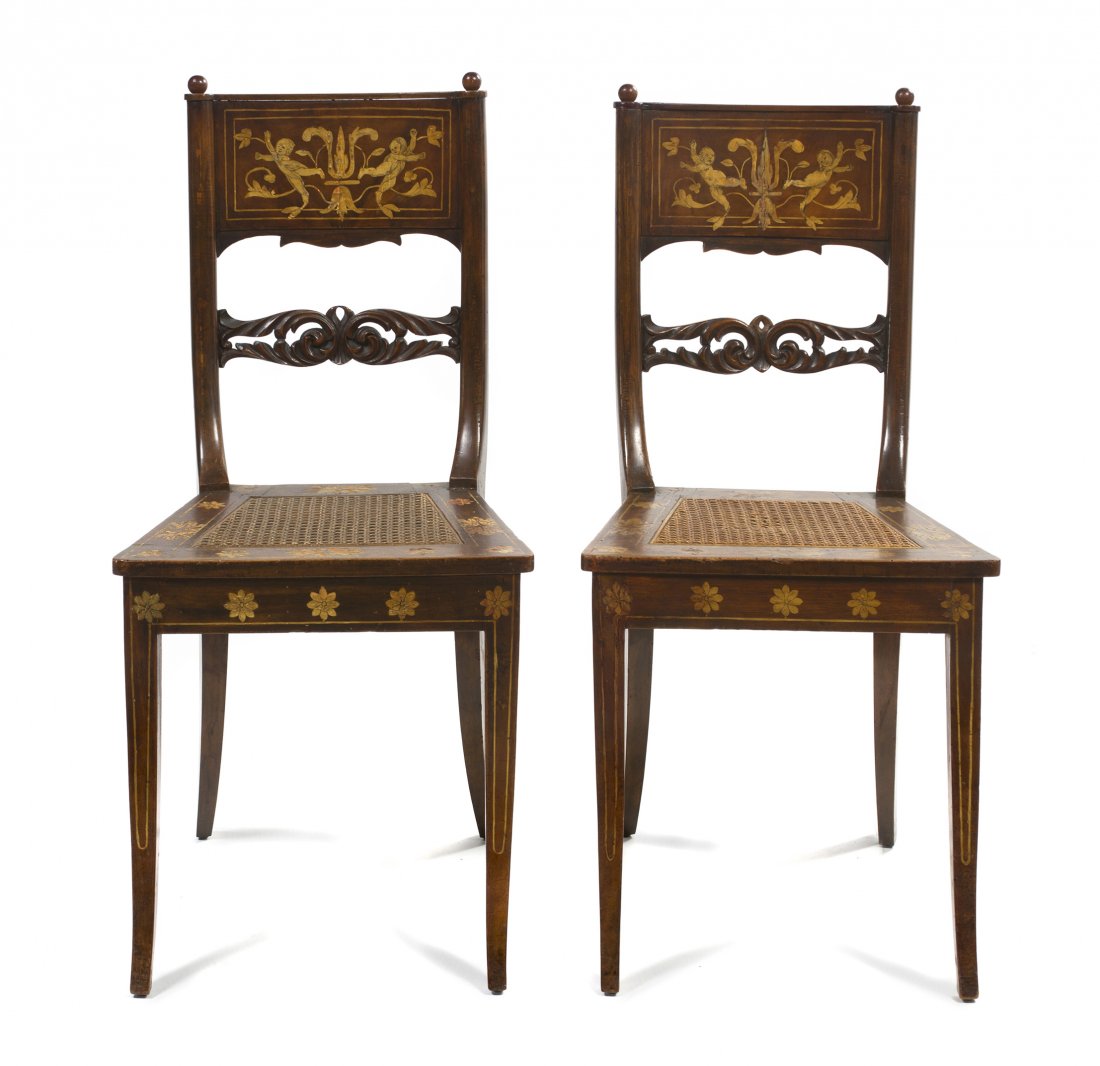 A Pair of Dutch Marquetry Side Chairs, Height 36 i: A Pair of Dutch Marquetry Side Chairs, each having a horizontal foliate inlaid back above the pierce carved horizontal splat over the trapezoidal caned seat, raised on square tapering legs. Height 36