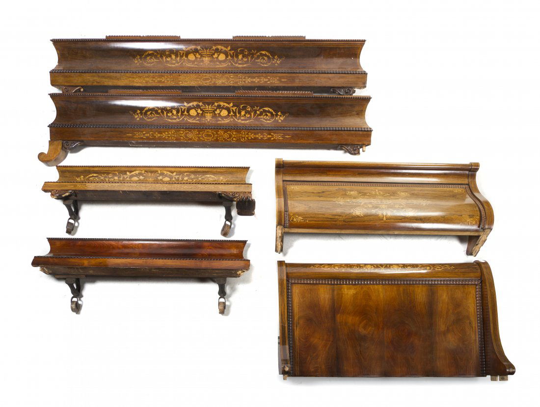 A Dutch Rosewood Marquetry Bed, Height of headboar: A Dutch Rosewood Marquetry Bed, the scrolled headboard and footboard raised on paw feet, having inlaid scrolling foliate, urn and cornucopia decoration. Height of headboard 50 x width 79 1/2 x depth 5