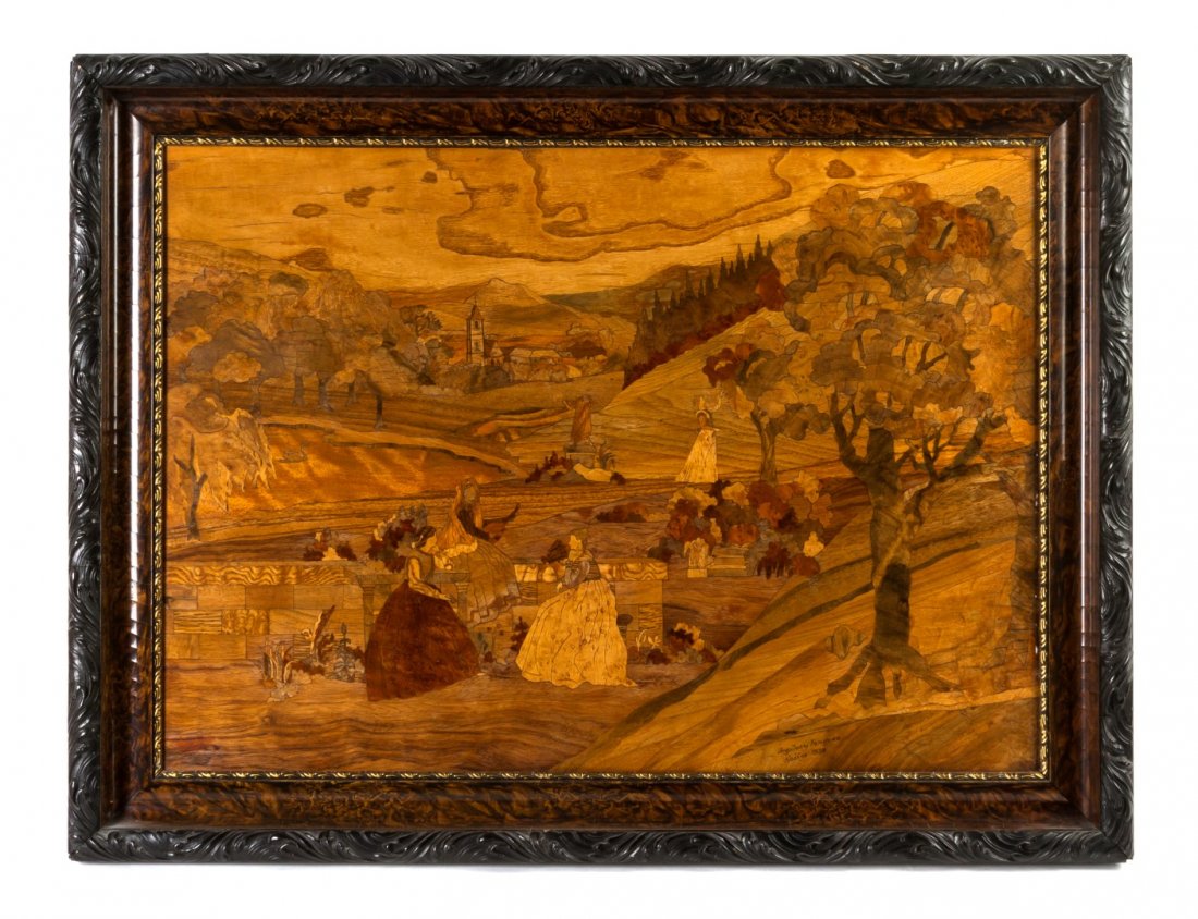 A Continental Parquetry Panel, Height 19 x width 2: A Continental Parquetry Panel, depicting figures in a landscape. Height 19 x width 26 1/2 inches. Property from the Estate of Mr. Mark Fritz, West Bloomfield, Michigan