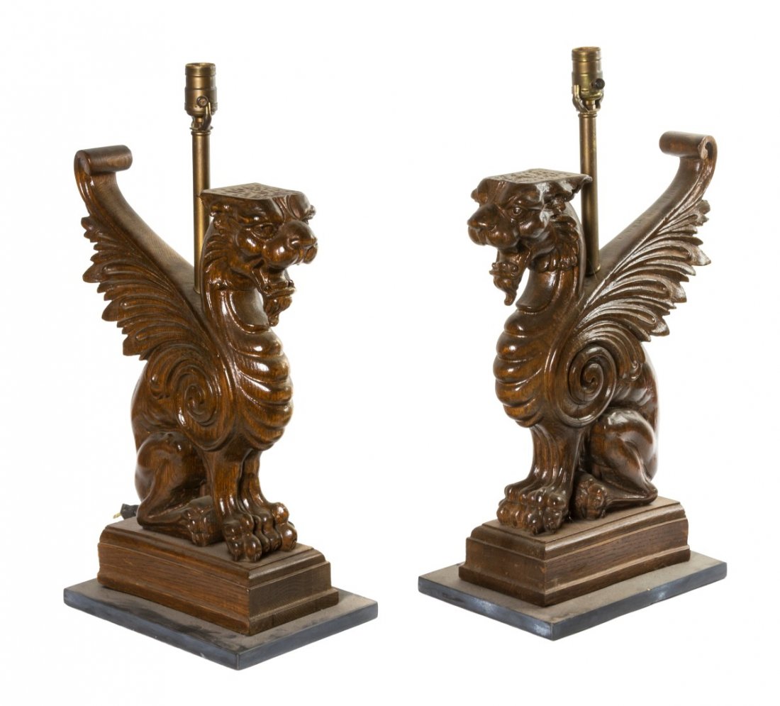 A Pair of Carved Wood Griffins, Height 19 3/4 inch: A Pair of Carved Wood Griffins, mounted as lamps. Height 19 3/4 inches. Property from the Estate of Mr. Mark Fritz, West Bloomfield, Michigan Provenance: DuMouchelles, Lot 2273, 9 July 2007, Detroit, 