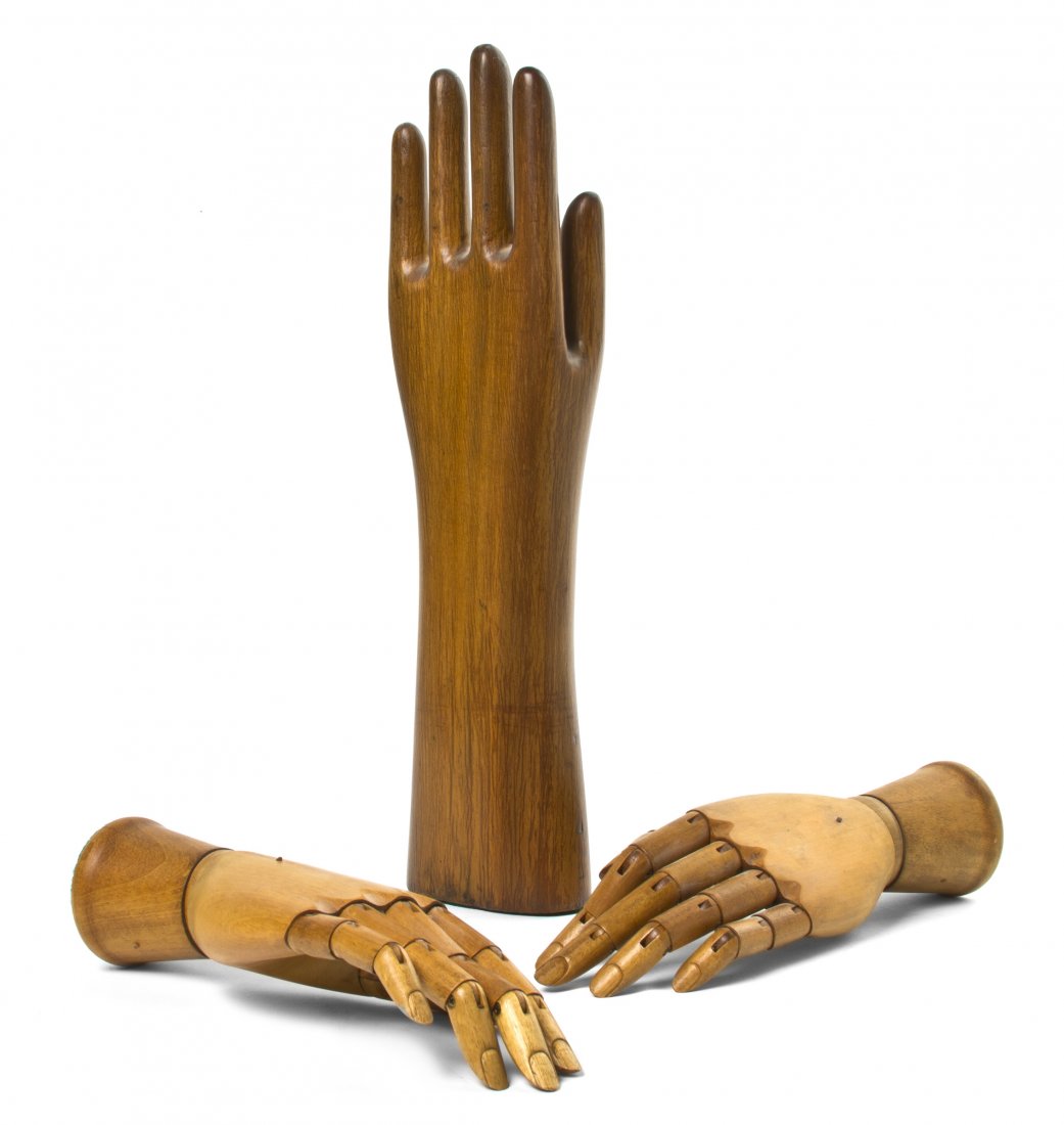 A Pair of Articulated Hands, Length of pair 8 1/2 : A Pair of Articulated Hands, together with a fixed example. Length of pair 8 1/2 inches. Property from the Estate of Mr. Mark Fritz, West Bloomfield, Michigan