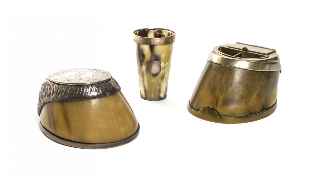 An English Silver Mounted Hoof Box, George John Ri: An English Silver Mounted Hoof Box, George John Richards & Edward Charles Brown, London, 1864, together with a silverplate mounted hoof ash receiver and a silverplate mounted horn beaker. Length of fi