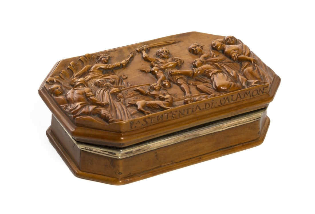 A English Carved Wood and Gilt Silver Mounted Box,: A English Carved Wood and Gilt Silver Mounted Box, London, 1814, of rectangular form with canted corners, depicting a biblical scene in relief. Width 4 3/8 inches. Property from the Estate of Mr. Mark
