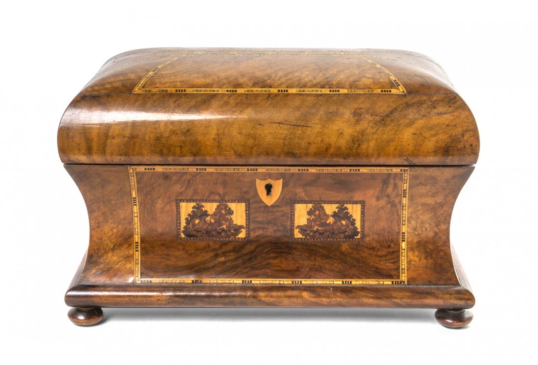 A Tunbridge Ware Decorated Burlwood Table Casket, : A Tunbridge Ware Decorated Burlwood Table Casket, of bombe form, the hinged top opening to a felt lined interior. Width 12 inches. Property from the Estate of Mr. Mark Fritz, West Bloomfield, Michigan