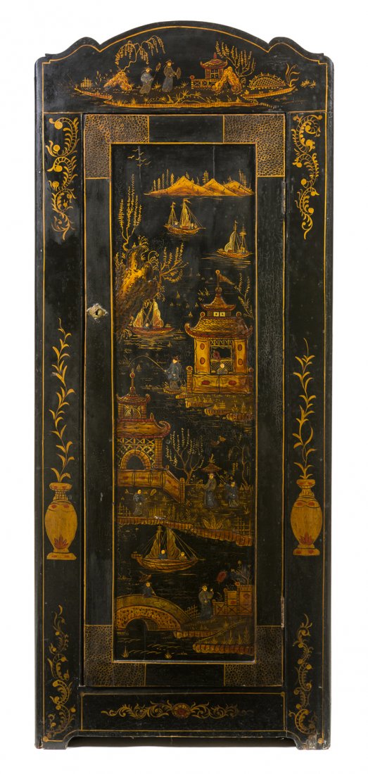 An English Lacquered Corner Cabinet, Height 75 3/4: An English Lacquered Corner Cabinet, having a shaped domed cornice over a paneled door, with Chinoiserie decoration throughout. Height 75 3/4 x width 30 3/4 x depth 18 inches. Property from the Collec