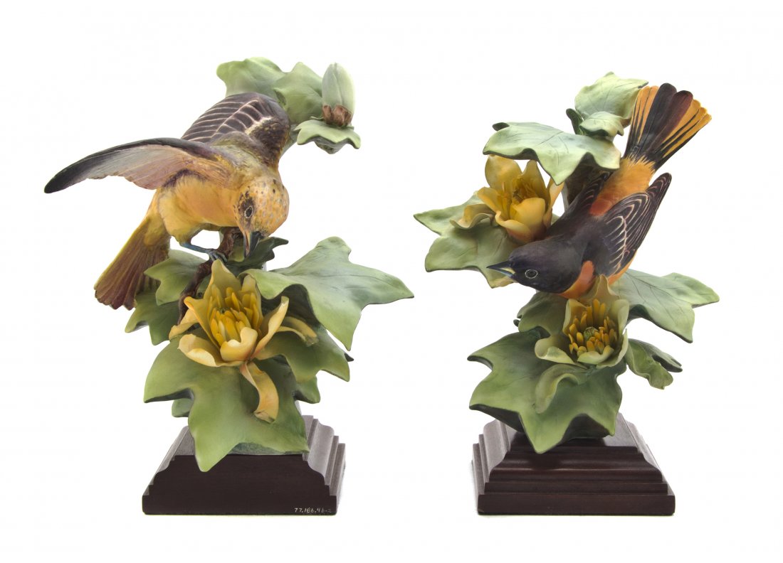 A Pair of Royal Worcester Dorothy Doughty Birds, B: A Pair of Royal Worcester Dorothy Doughty Birds, Baltimore Orioles, perched on tulip tree branches, each with base. Height of taller 9 1/4 inches. Property from the Children's Museum of Indianapolis, 