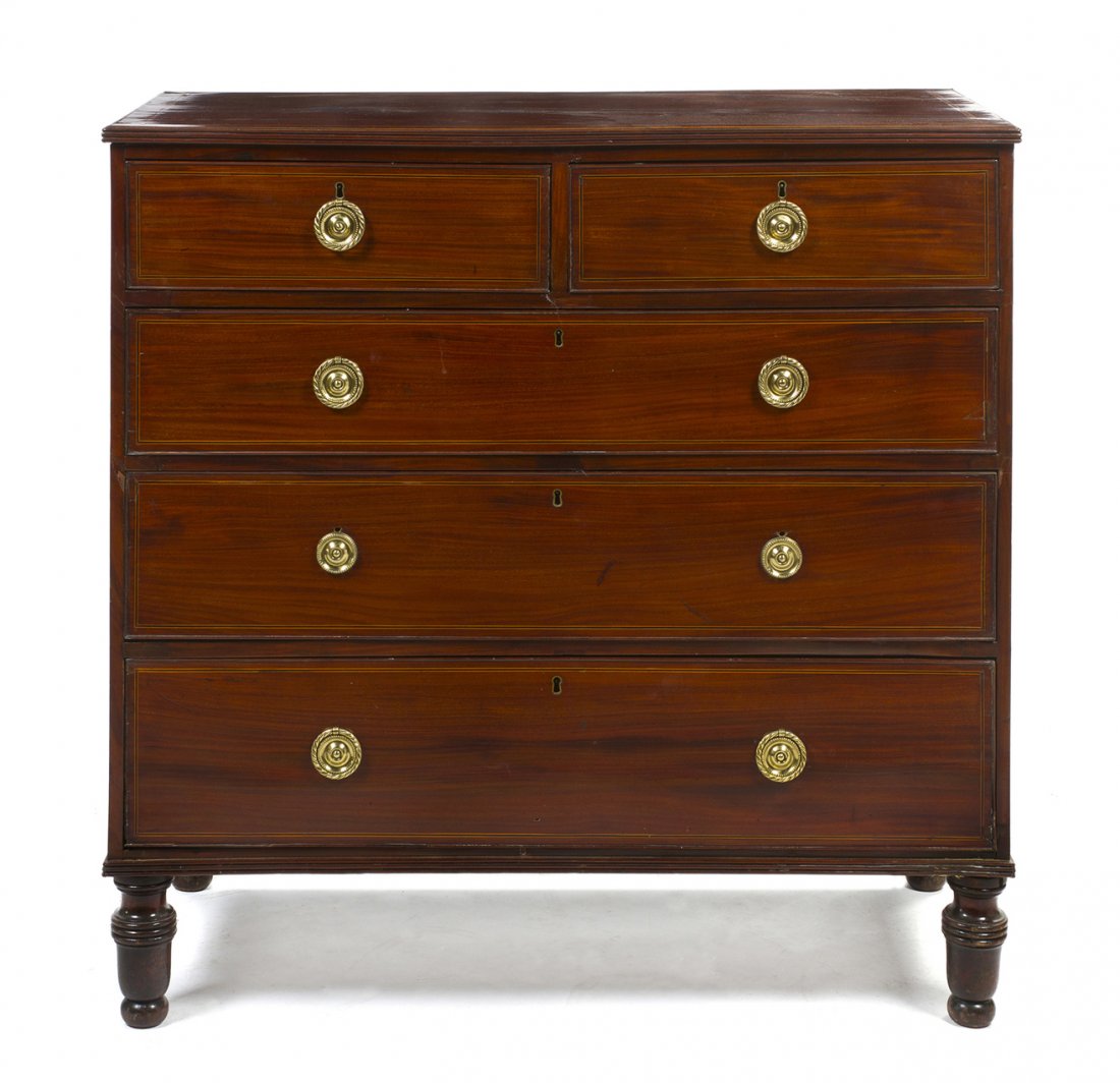 A Federal Style Mahogany Chest of Drawers, Height : A Federal Style Mahogany Chest of Drawers, having a rectangular top over two short drawers over three long drawers, each with banded inlay, raised on turned legs. Height 42 1/4 x width 42 1/2 x depth 