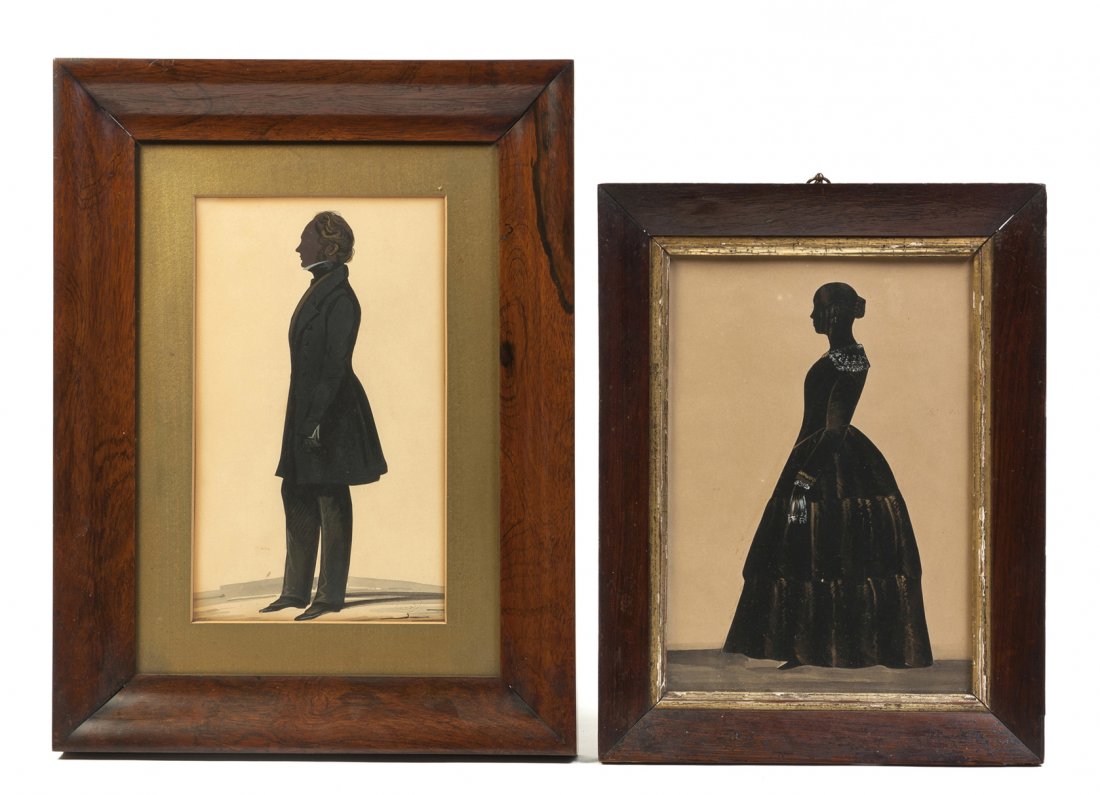 Two Full Length Cut and Paste Silhouettes, Hubbard: Two Full Length Cut and Paste Silhouettes, Hubbard Gallery, one example depicting a standing lady with gilt and white accents set in a period parcel gilt mahogany veneer frame, the other depicting a s