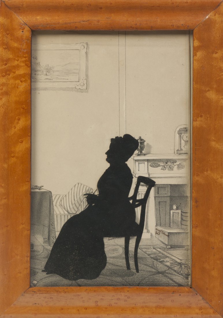 A Full Length Cut and Paste Silhouette, Augustin E: A Full Length Cut and Paste Silhouette, Augustin Edouart (1789-1861), depicting a seated woman set on a lithograph interior background, signed Aug. Edouart Fecit, the back inscribed Caroline Burroughs