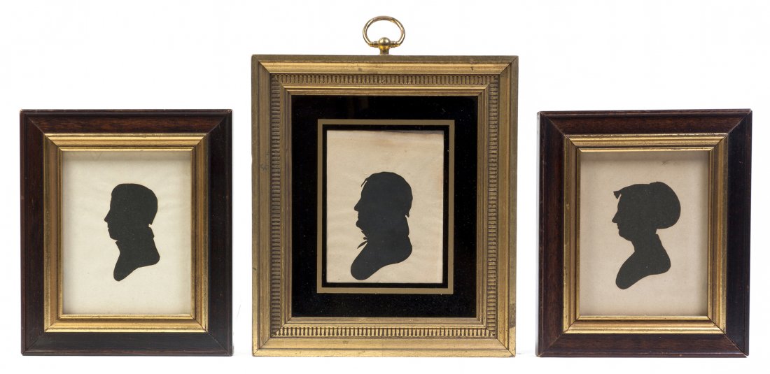Three Profile Hollow Cut Silhouettes, The Peale Mu: Three Profile Hollow Cut Silhouettes, The Peale Museum, one depicting a gentleman under an eglomise plate set in a period giltwood frame, the other two depicting a lady and a youthful boy set in later