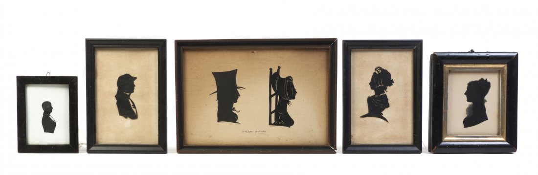 A Collection of Five Silhouettes, Height of talles: A Collection of Five Silhouettes, comprising four German cut and paste examples including two in one frame, an English painted example and a German painted example. Height of tallest frame 6 3/4 x wid