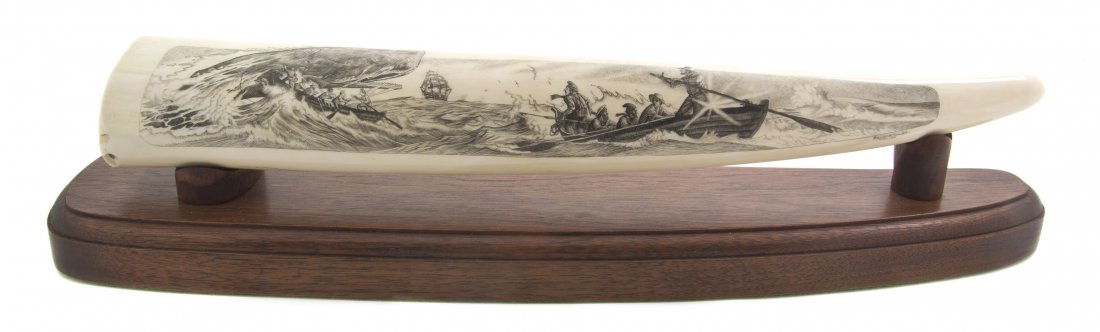 A Contemporary Scrimshaw Walrus Ivory Tusk, David : A Contemporary Scrimshaw Walrus Ivory Tusk, David A. Smith, decorated with a whaling scene and raised on a fitted stand, signed and dated 1981. Length 13 1/4 inches. Property from the Collection of Mr
