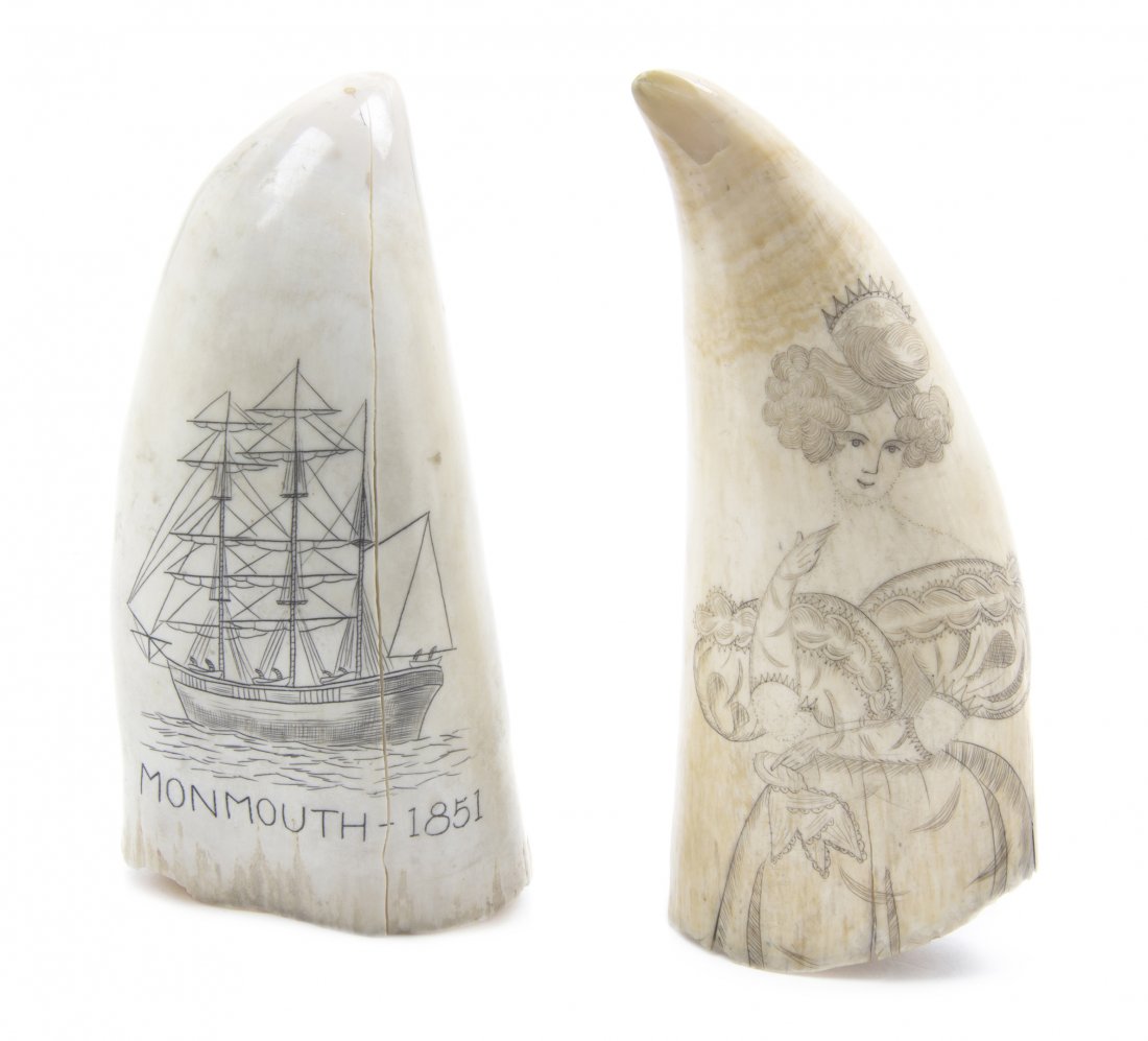 Two Scrimshaw Whale Teeth, Length of first 4 5/8 i: Two Scrimshaw Whale Teeth, comprising a 19th century example decorated with a lady to one side and a rose to the other, the second, 20th century, decorated with the ship Monmouth. Length of first 4 5/