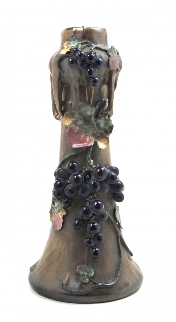 An Amphora Ceramic Vase, Edda, Height 16 3/4 inche: An Amphora Ceramic Vase, Edda, of tapering form with repeating organic pierced handles, the whole with applied grapevine and cluster decoration, bearing standard marks to base and various impressed nu