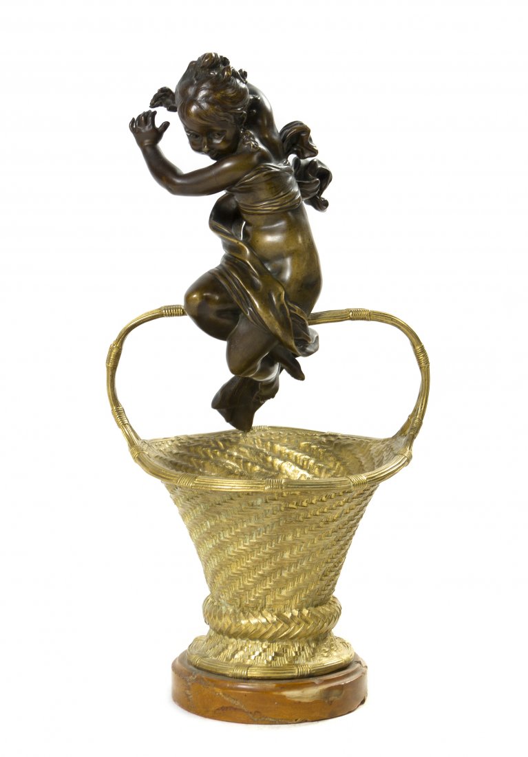 A French Bronze Figure, Gustave Joseph Cheret (183: A French Bronze Figure, Gustave Joseph Cheret (1838-1894), depicting a draped putto, signed Joseph Cheret with E. Solbar, Paris foundry mark, sitting on an associated gilt bronze basket form vase, rai