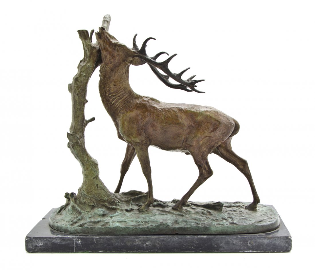 A French Bronze Animalier Group, Pierre Jules Mene: A French Bronze Animalier Group, Pierre Jules Mene (1810-1877), depicting a stag near a tree raised on a naturalistic base, set on a marble plinth, signed PJ Mene. Height 13 1/4 inches. Property from 