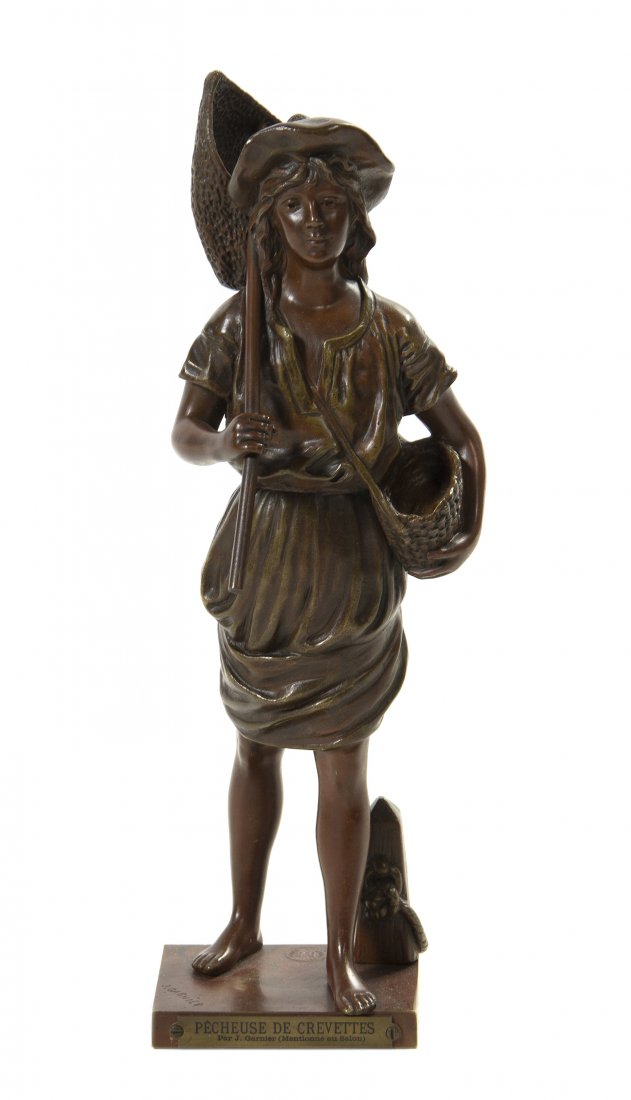 A French Bronze Sculpture, Jean Garnier (1853-1910: A French Bronze Sculpture, Jean Garnier (1853-1910), Pecheuse de Crevettes, depicting a young fisherman, raised on a rectangular base with an obelisk boat tie, signed J. Garnier with Bronze Garanti au