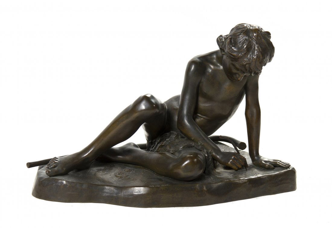 A Bronze Figure, Kate Lizard (American/French 19th: A Bronze Figure, Kate Lizard (American/French 19th century), Shepherd Boy, the youth depicted in a seated pose, holding a stick in his hand and writing in the ground with a staff at his backside, rais