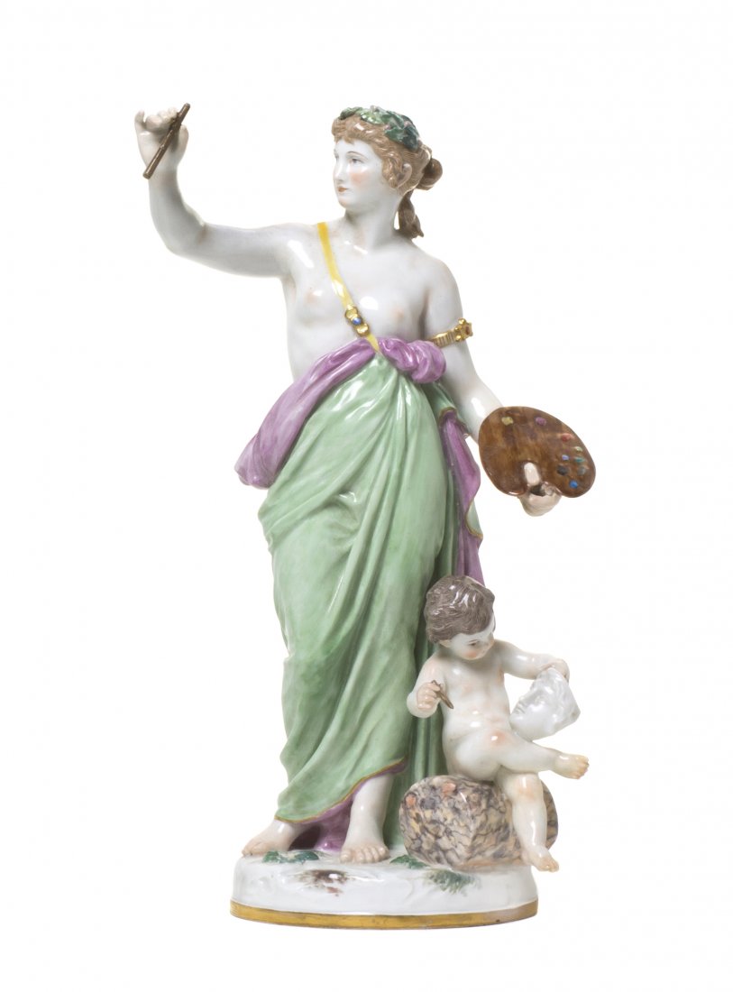 A Meissen Porcelain Allegorical Figural Group, Hei: A Meissen Porcelain Allegorical Figural Group, representing the arts, modeled as a female painter, a putto sculptor seated by her feet, having crossed swords in underglaze blue, further incised n160 a