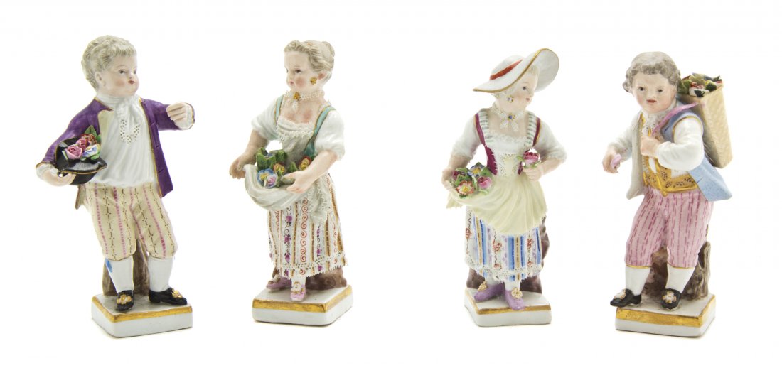 Four Meissen Porcelain Figures, Height of tallest: Four Meissen Porcelain Figures, each depicting a standing youth with flowers, each having crossed swords in underglaze blue and various incised marks. Height of tallest 3 5/8 inches. Property from the