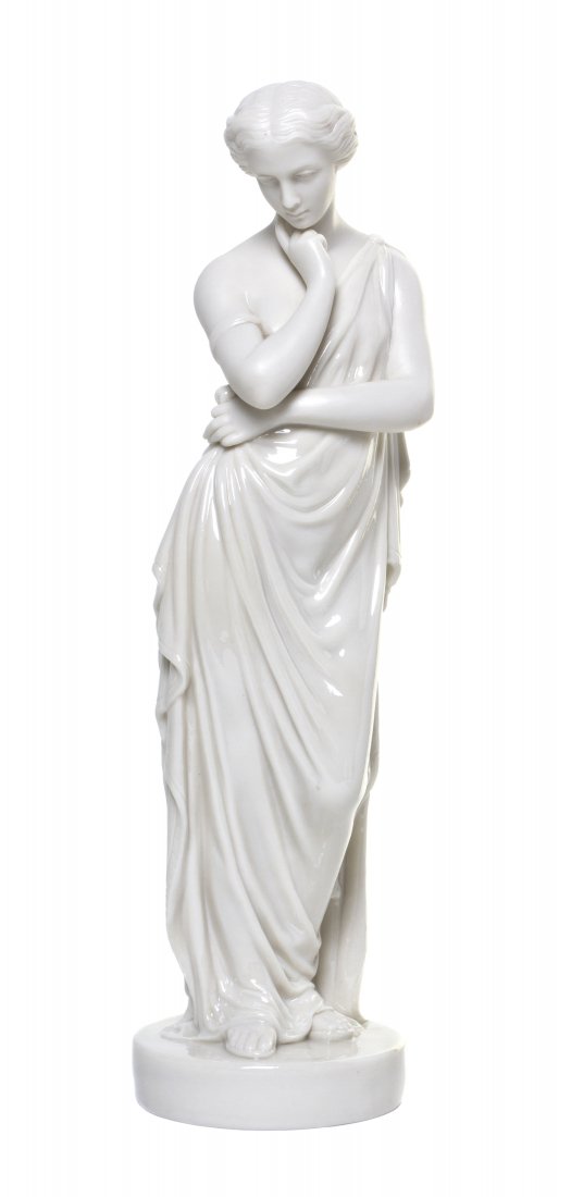 A Belleek Porcelain Figure, Height 14 3/4 inches.: A Belleek Porcelain Figure, Meditation, 1891-1926, depicting a standing, classically robed female in a contemplative pose, having second black mark. Height 14 3/4 inches.