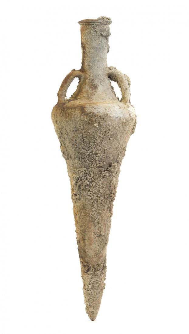 A Roman Terracotta Amphora, Height 33 inches.: A Roman Terracotta Amphora, of cylindrical tapering form having a flared rim and molded with two handles. Height 33 inches.