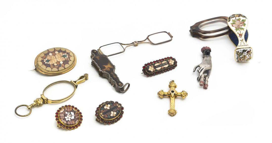 A Collection of Lorgnettes, Width of widest 4 inc: A Collection of Lorgnettes, of various materials and sizes, together with five brooches and a gilt metal cross; nine items total. Width of widest 4 inches. Property from the Estate of Mr. Mark Fritz,
