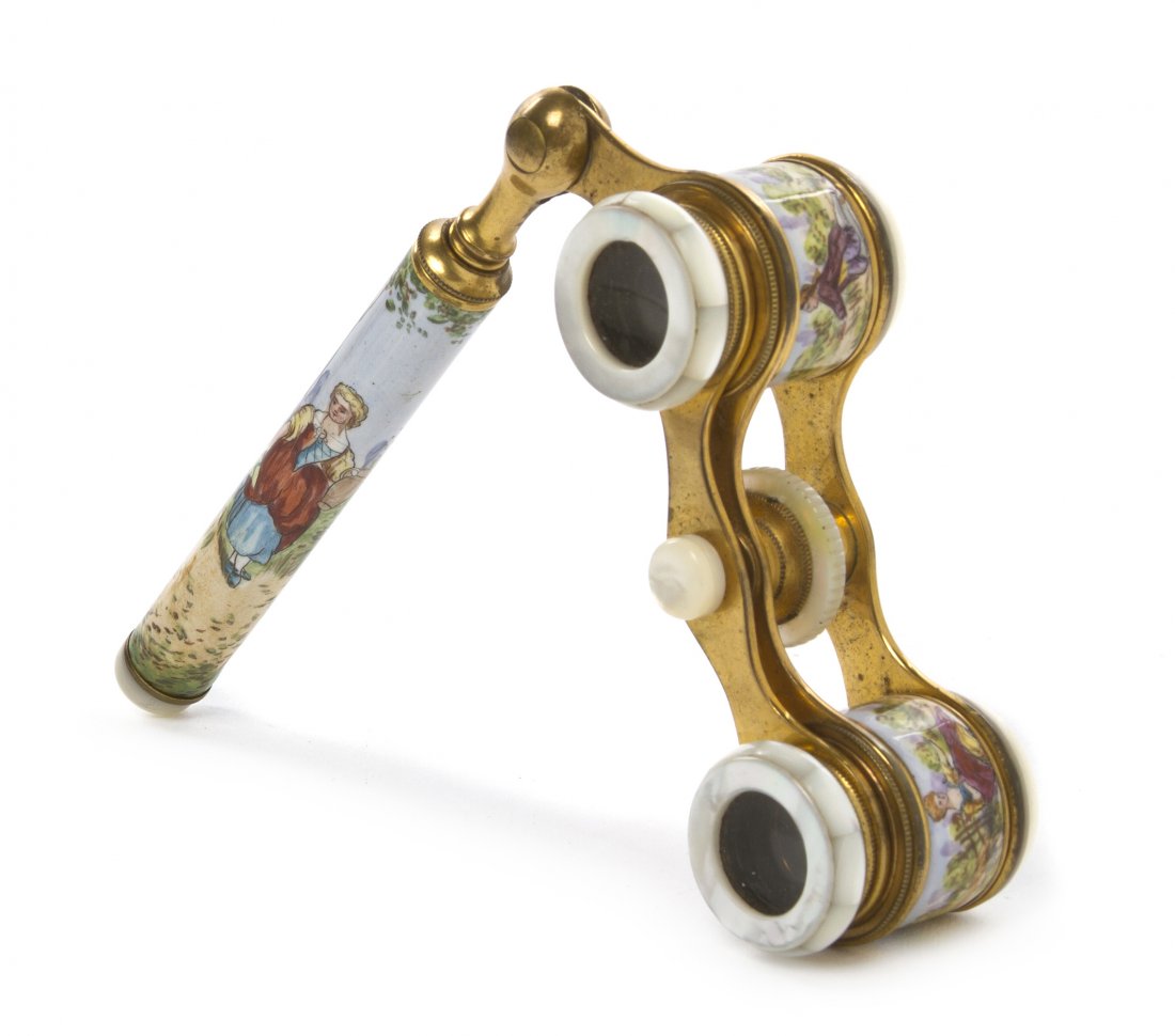 A Pair of French Enameled Mother-of-Pearl Opera G: A Pair of French Enameled Mother-of-Pearl Opera Glasses, Colmont, decorated with figures in pastoral landscapes, having a matching handle and mother-of-pearl mounts. Width 3 1/2 inches. Property from