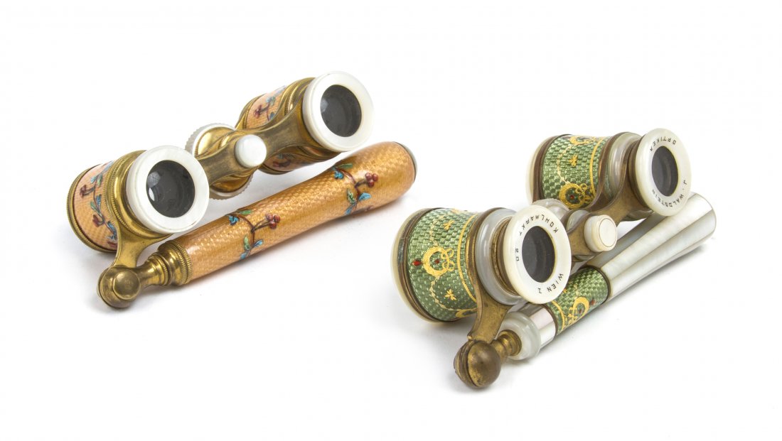 Two Pairs of Continental Guilloche Enameled Opera: Two Pairs of Continental Guilloche Enameled Opera Glasses, the first J. Waldstein with festoon and wreath decoration, the second unsigned with leaf and berry decoration. Width of first 3 5/8 inches. P