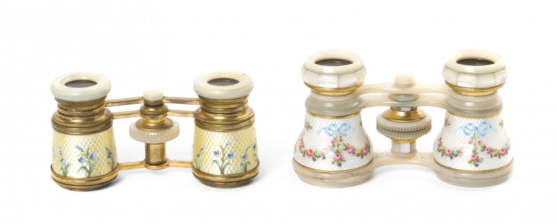 Two Pairs of Continental Guilloche Enameled and M: Two Pairs of Continental Guilloche Enameled and Mother-of-Pearl Mounted Opera Glasses, the first decorated with ribbon-tied floral festoons on a white ground, the second decorated with a continuous ba